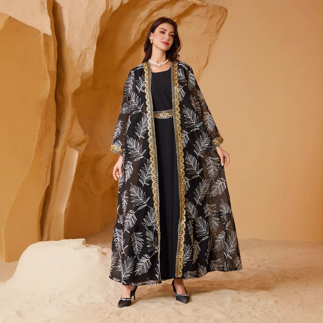 Elegant Mesh Embroidered Abaya Set – Luxury Two-Piece Maxi Dress with Gold Trim Accents Secondary image