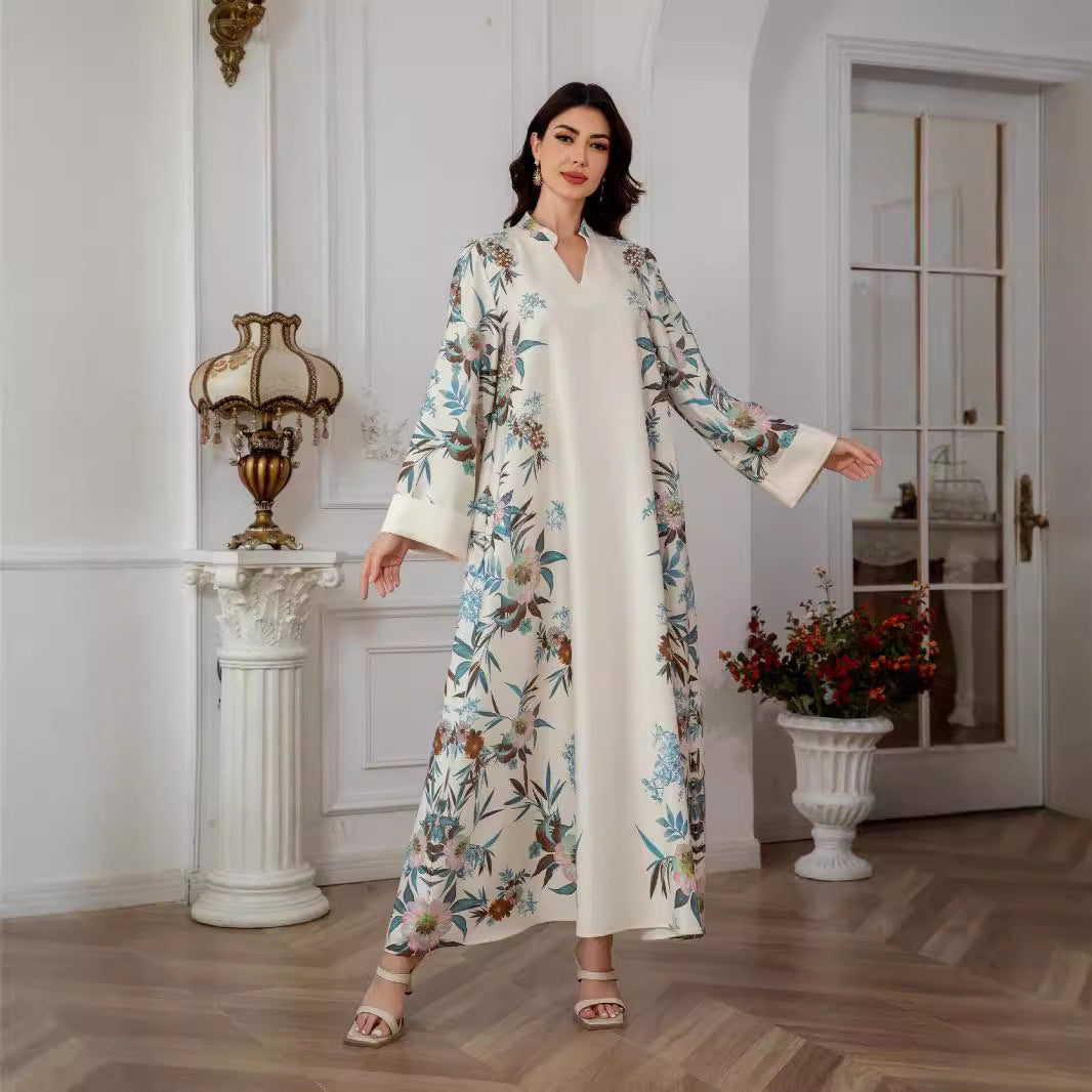 Elegant Floral Print Kaftan Abaya – Loose Fit Long Sleeve Maxi Dress with Beaded Trim Secondary image