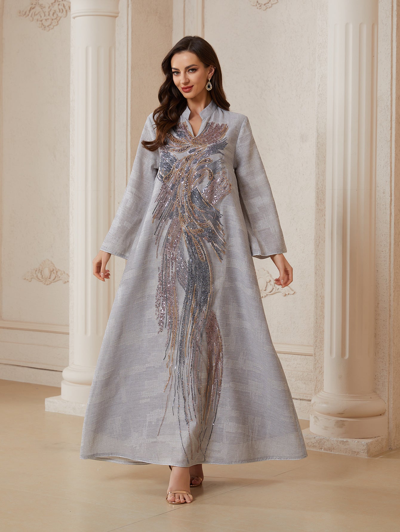 Elegant Mesh Embroidered Sequin Maxi Dress – Long Sleeve Kaftan Abaya Secondary image