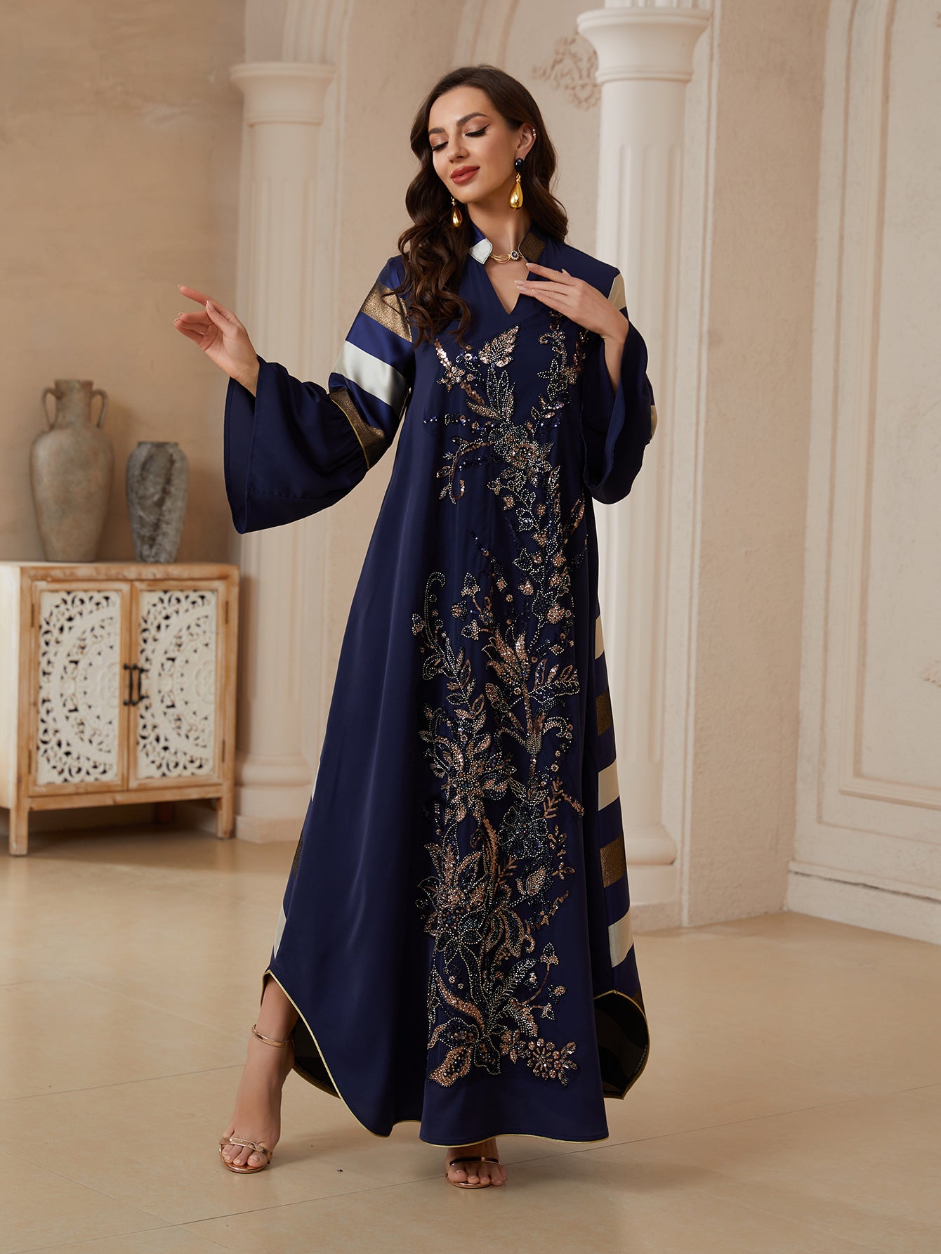 Luxury Sequin Striped Maxi Dress – Elegant Patchwork Loose Fit Evening Gown Secondary image