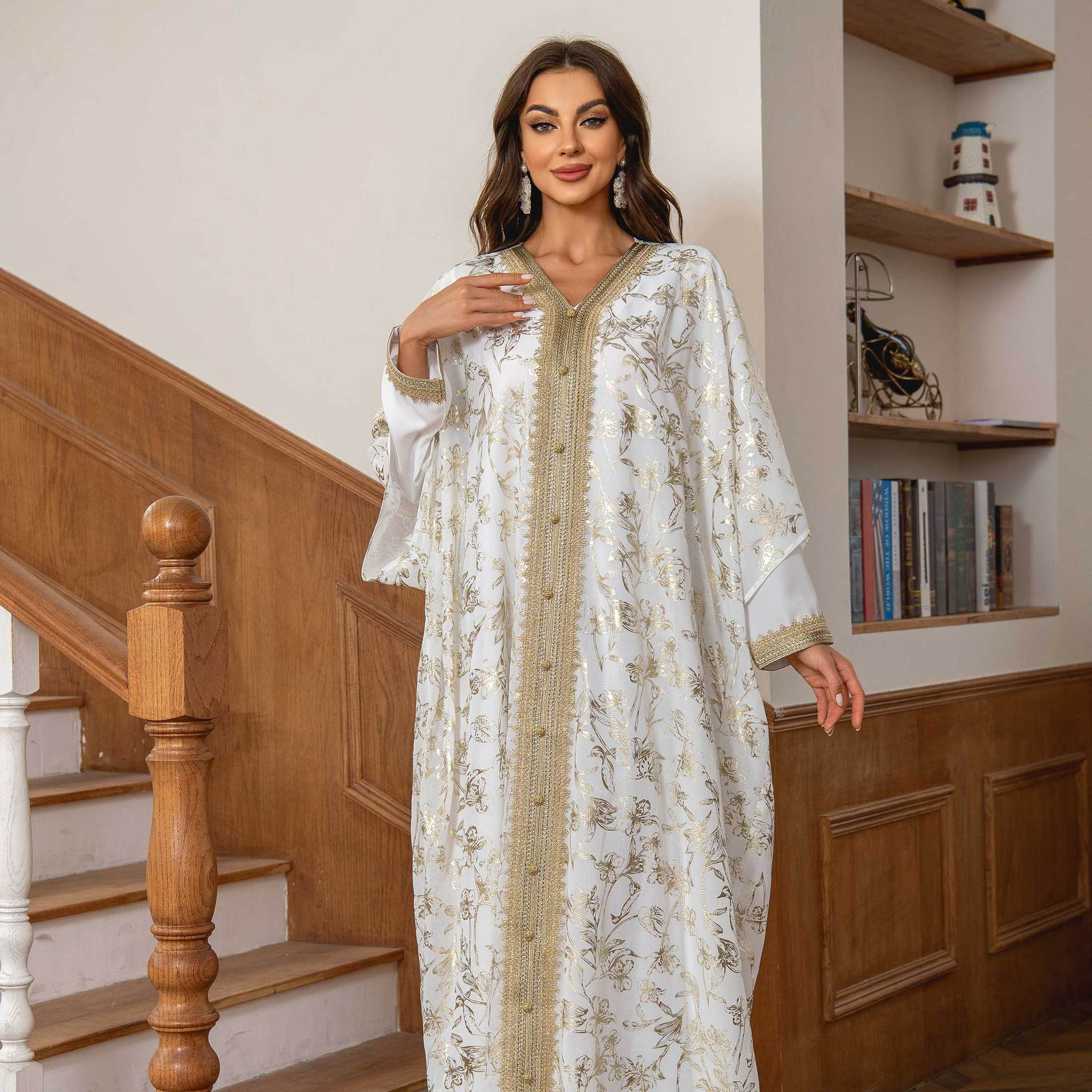 Elegant White Two-Piece Kaftan Maxi Dress Set - Ethnic Chiffon Abaya Secondary image