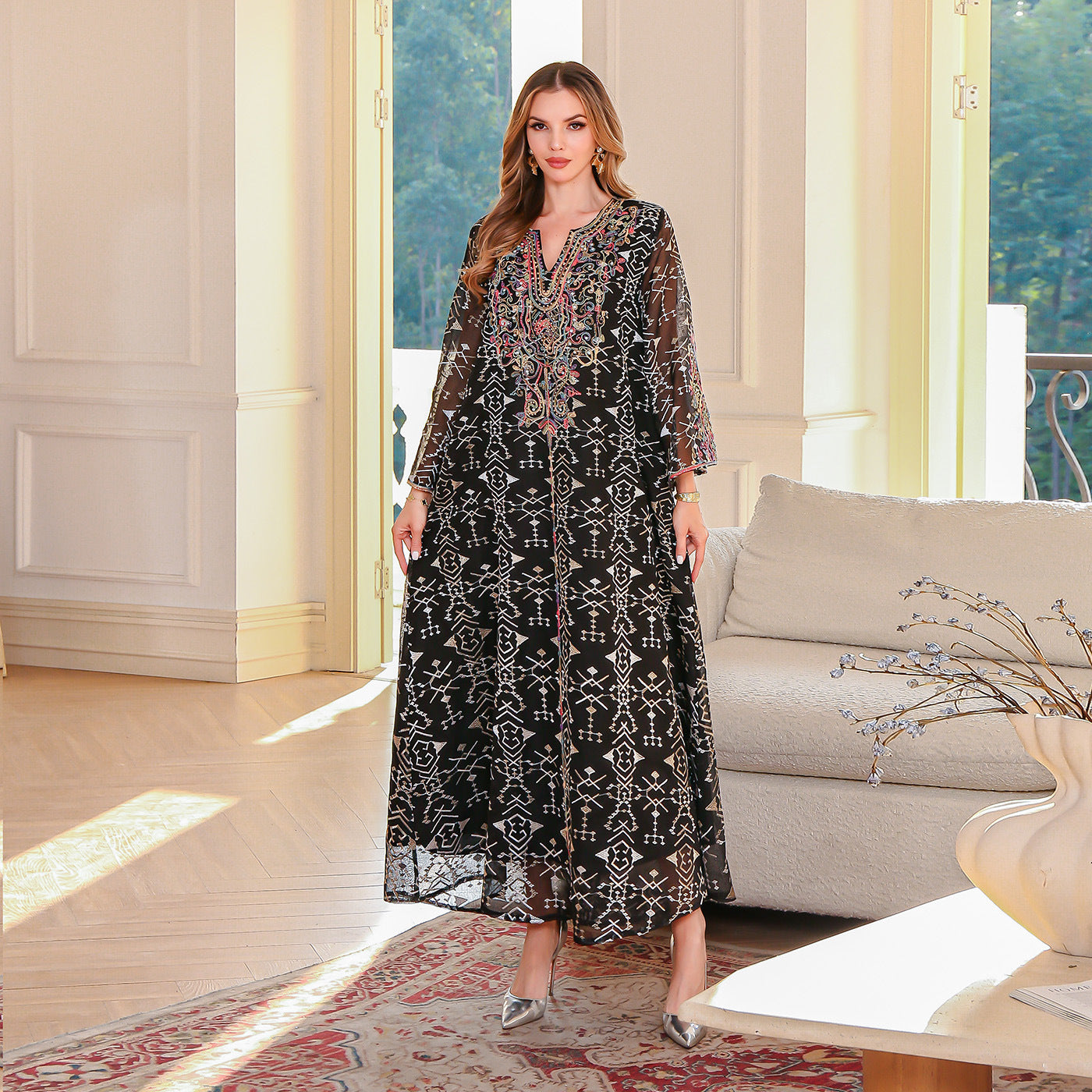 Elegant Floral Cord-Embroidered Maxi Dress - Long Sleeve Colorblock Kaftan Gown Secondary image