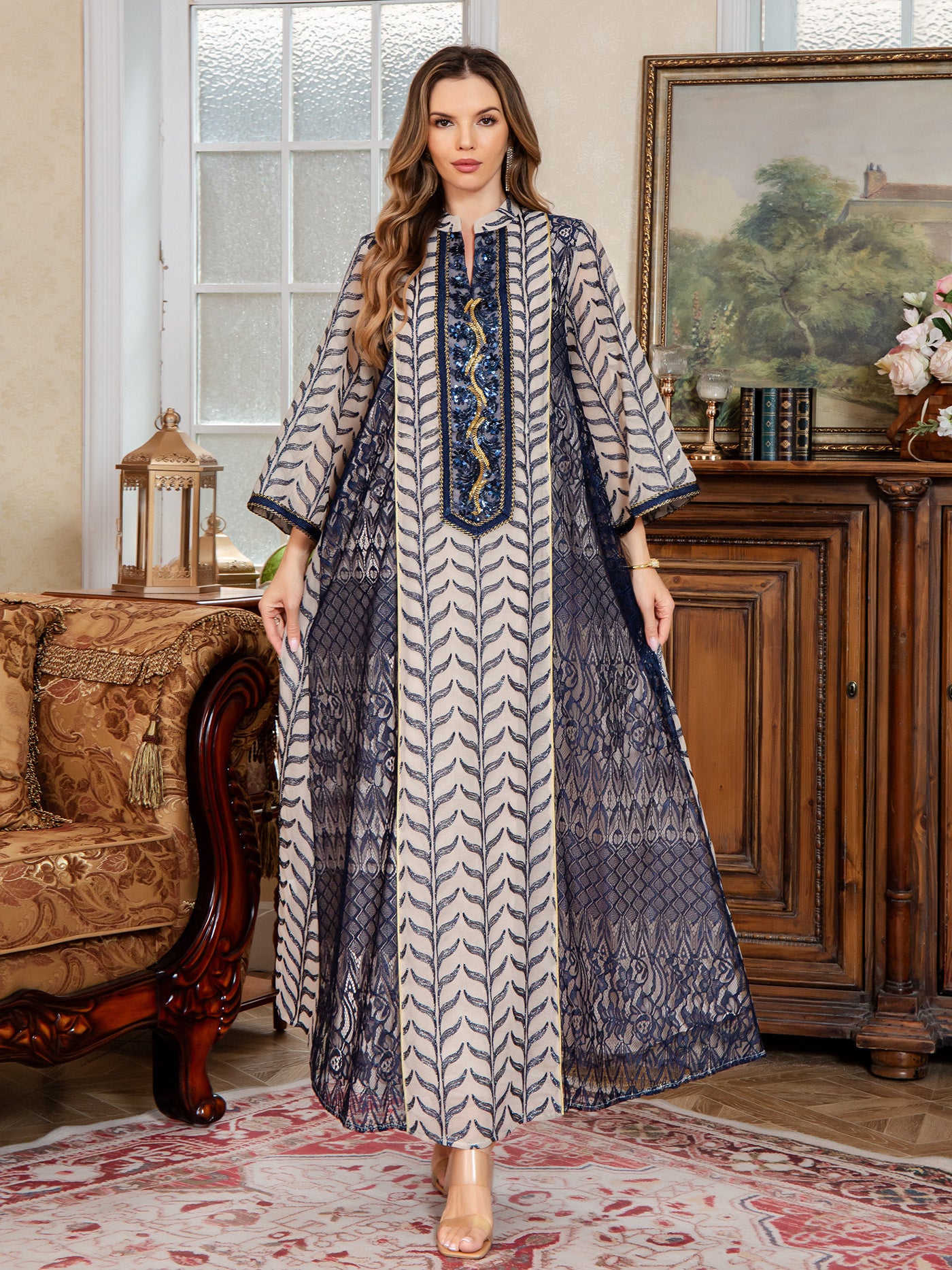 Elegant Floral Mesh Embroidered Maxi Dress - Long Sleeve Sequin Party Gown Secondary image