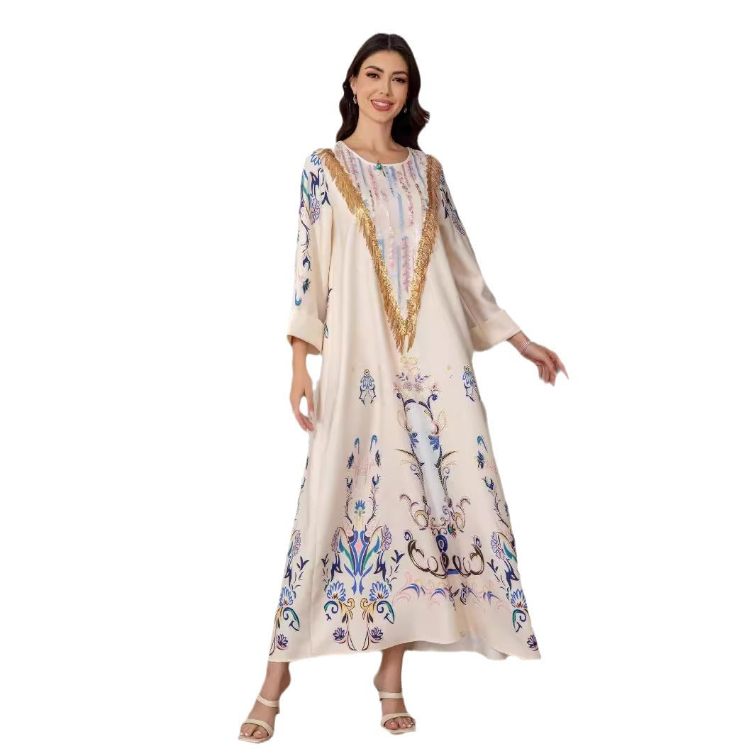 Elegant Floral Print Evening Abaya – Loose Fit Long Sleeve Maxi Dress with Rhinestone Accents Secondary image
