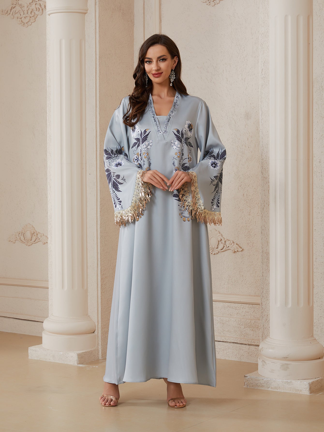 Elegant Floral Print V-Neck Maxi Dress – Long Sleeve Loose Casual Dress with Rhinestone Embellishments Secondary image