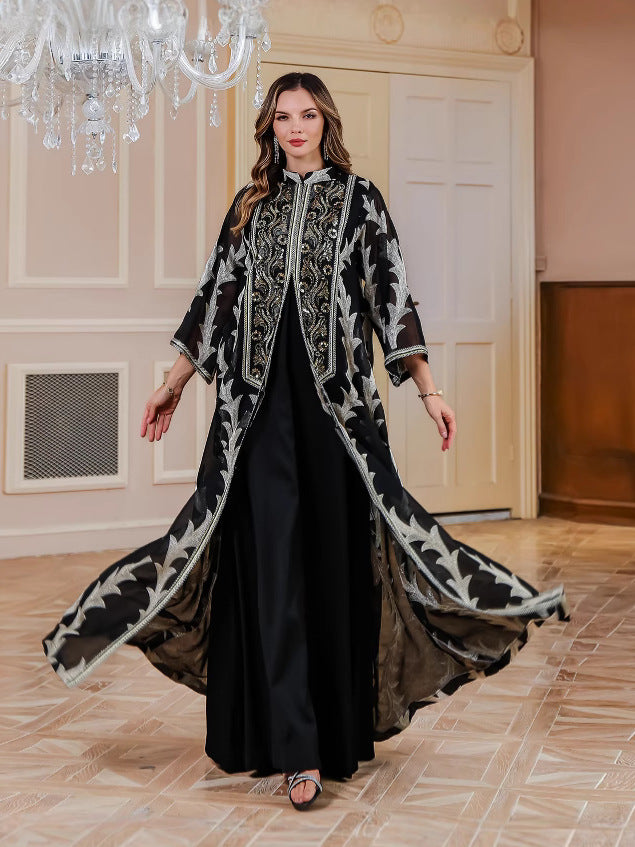 Luxury Heavyweight Embroidered Mesh Maxi Dress – Elegant Long Sleeve Evening Gown for Parties & Banquets Secondary image