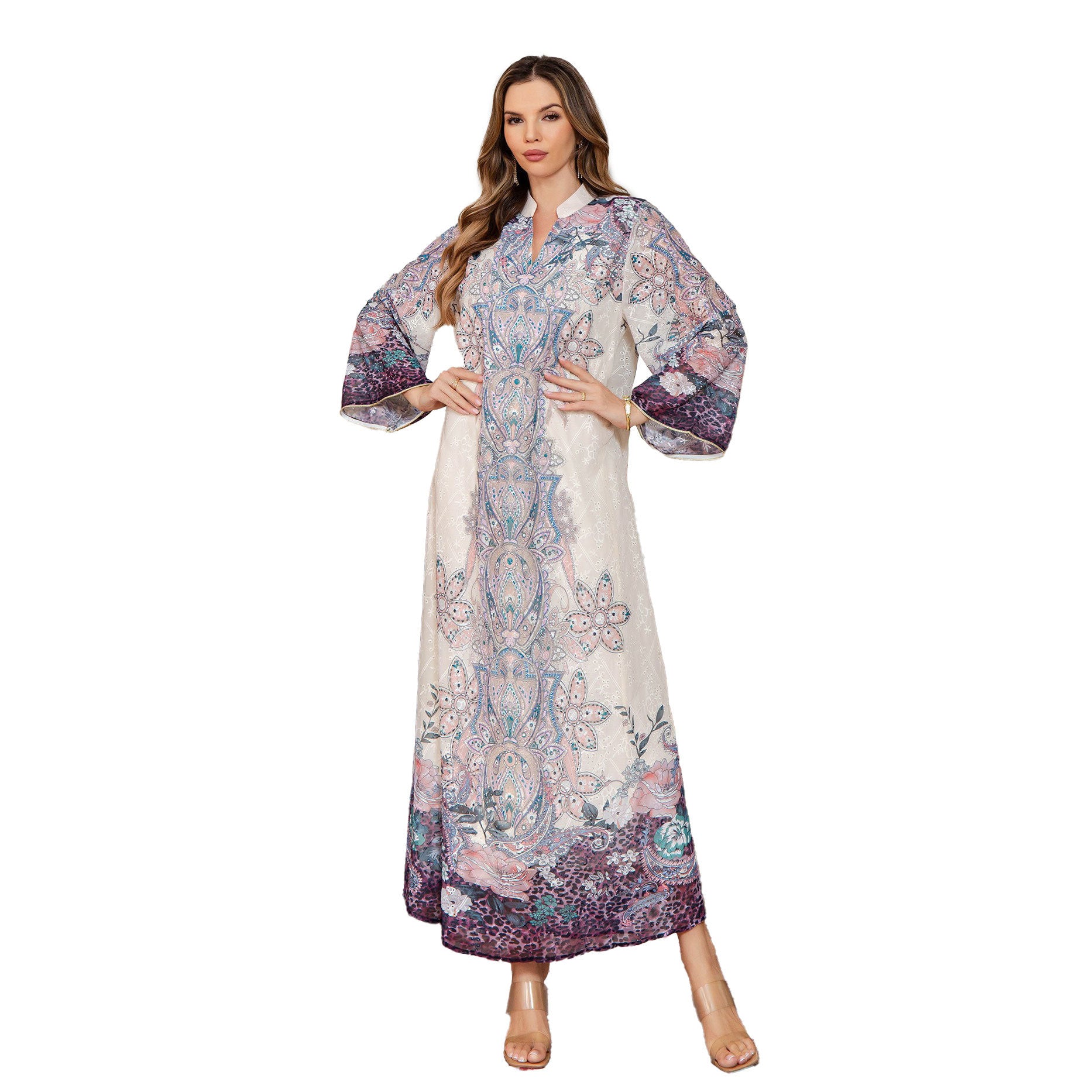 Elegant Floral Print Mesh Maxi Dress - Beaded Long Sleeve Party Gown Secondary image