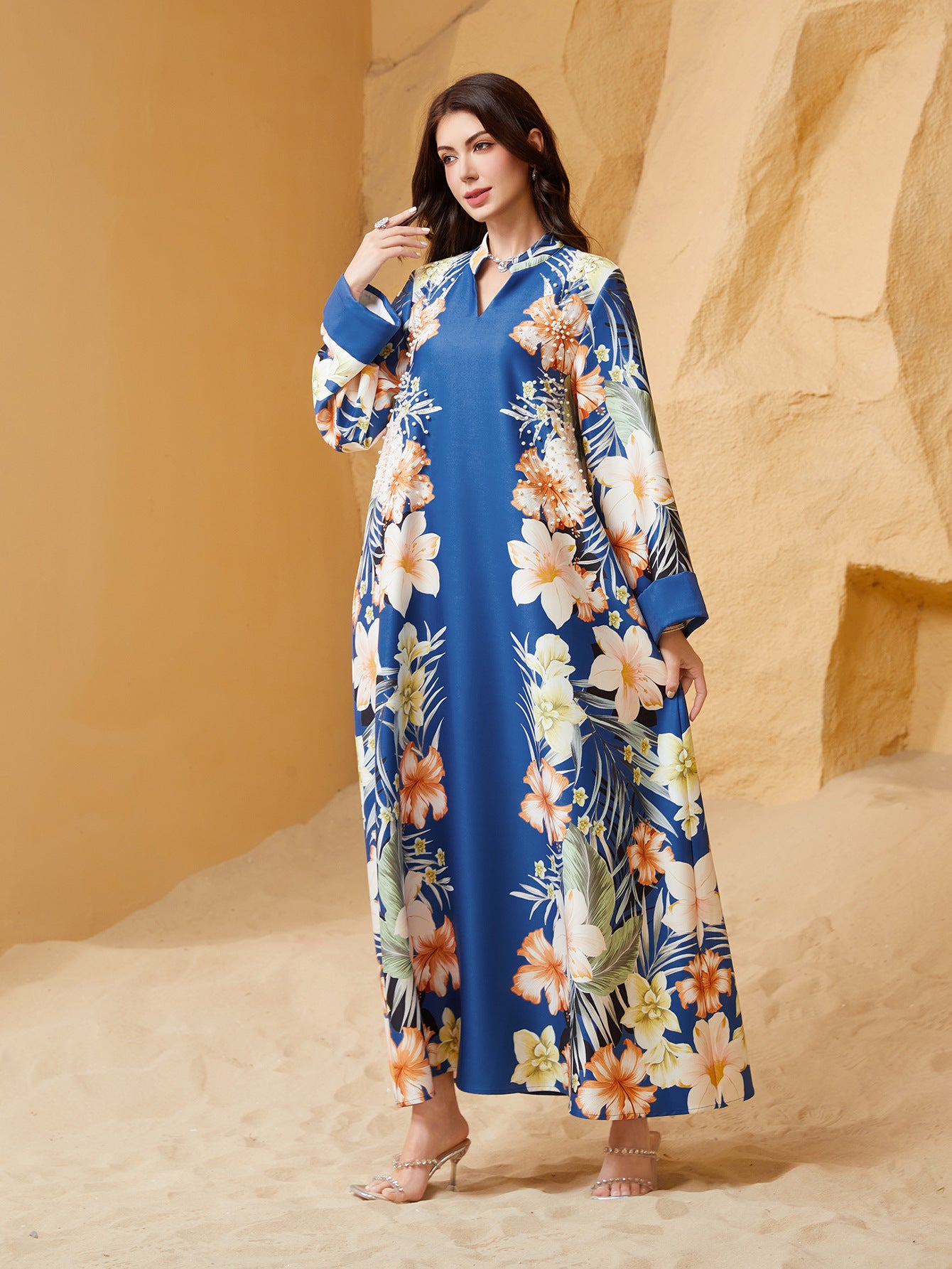 Elegant Digital Print Kaftan Abaya – Long Sleeve Loose Maxi Dress with Beaded Embellishments Secondary image