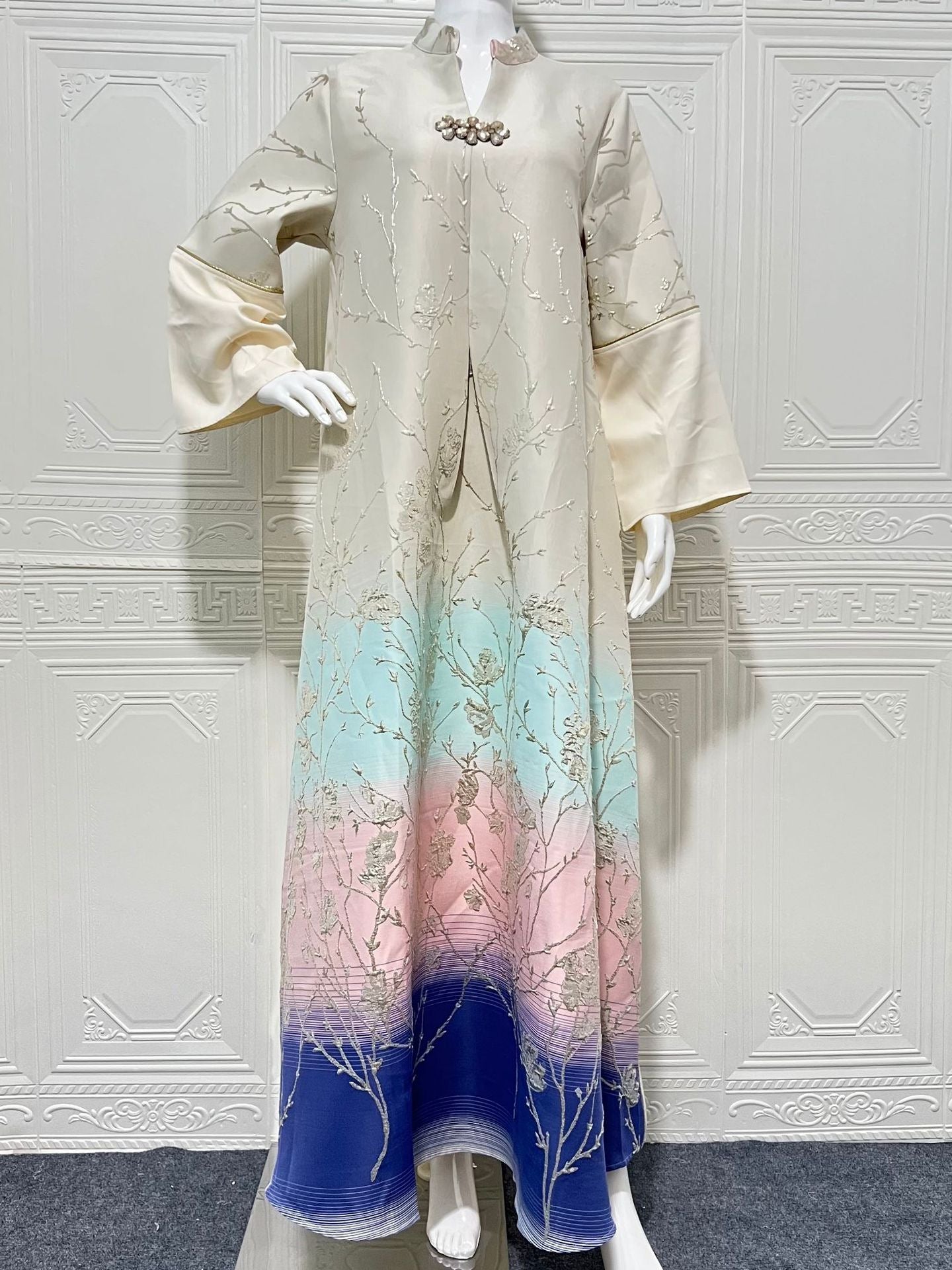 Premium Jacquard Ombre Abaya Dress – Elegant Embroidered Long Sleeve Maxi Kaftan Gown Secondary image
