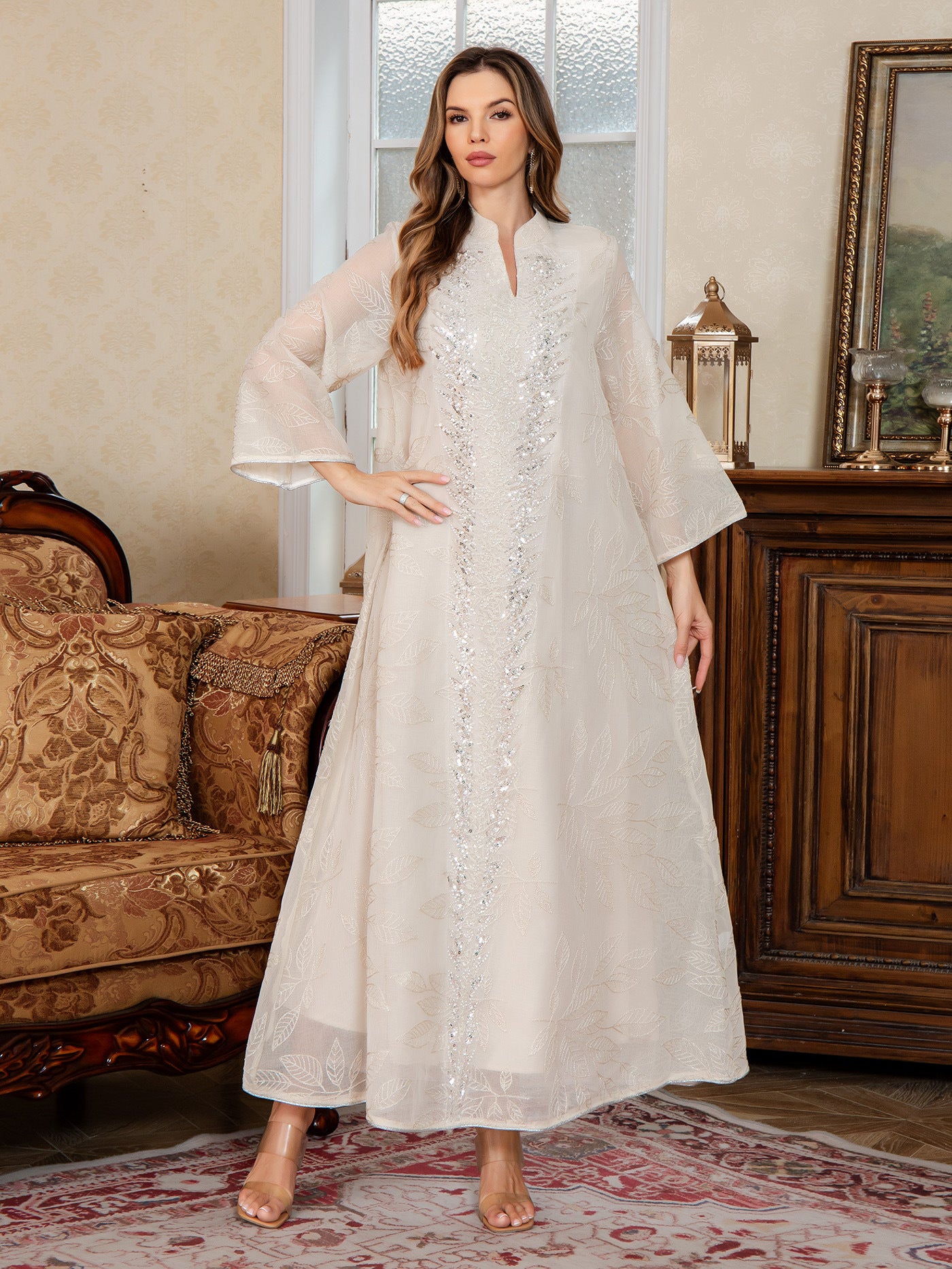 Luxury All-Over Embroidered Mesh Maxi Dress – Elegant Long Sleeve Sequin Gown Secondary image