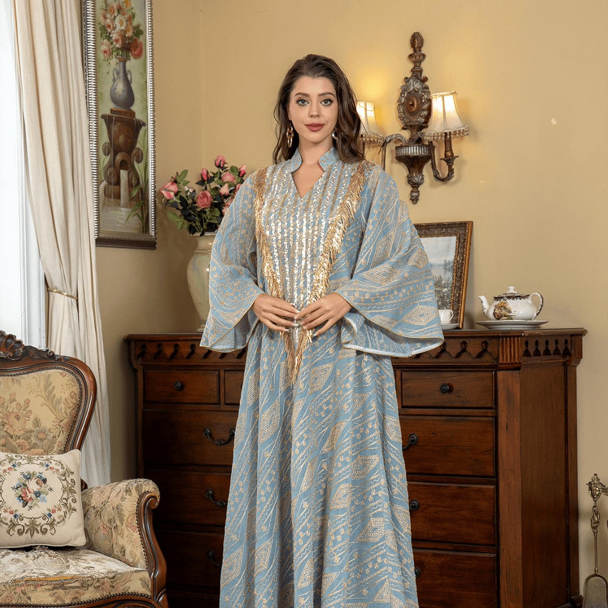 Luxury Sequin Embroidered Mesh Abaya – Elegant Long Sleeve Evening Gown with Tassels Secondary image
