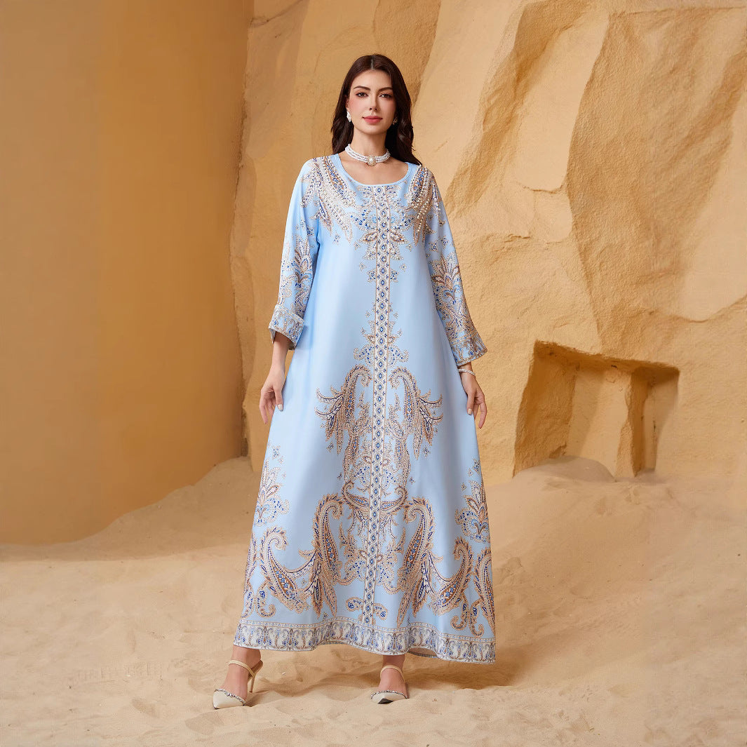 Elegant Floral Print Abaya Maxi Dress – Luxury Rhinestone Beaded Crewneck Kaftan Gown Secondary image