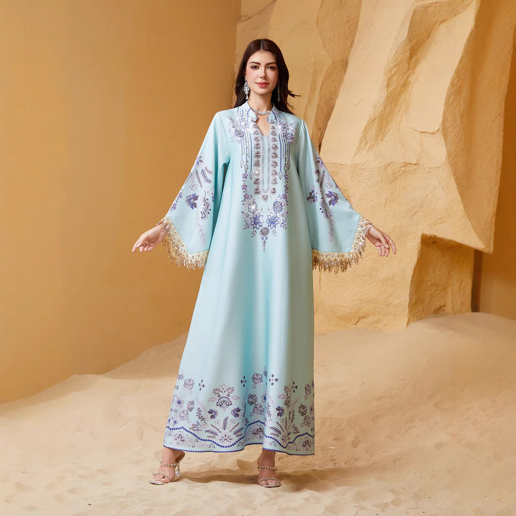 Elegant Digital Print Abaya Dress – Long Sleeve Loose Casual Maxi Kaftan with Tassel Details Secondary image