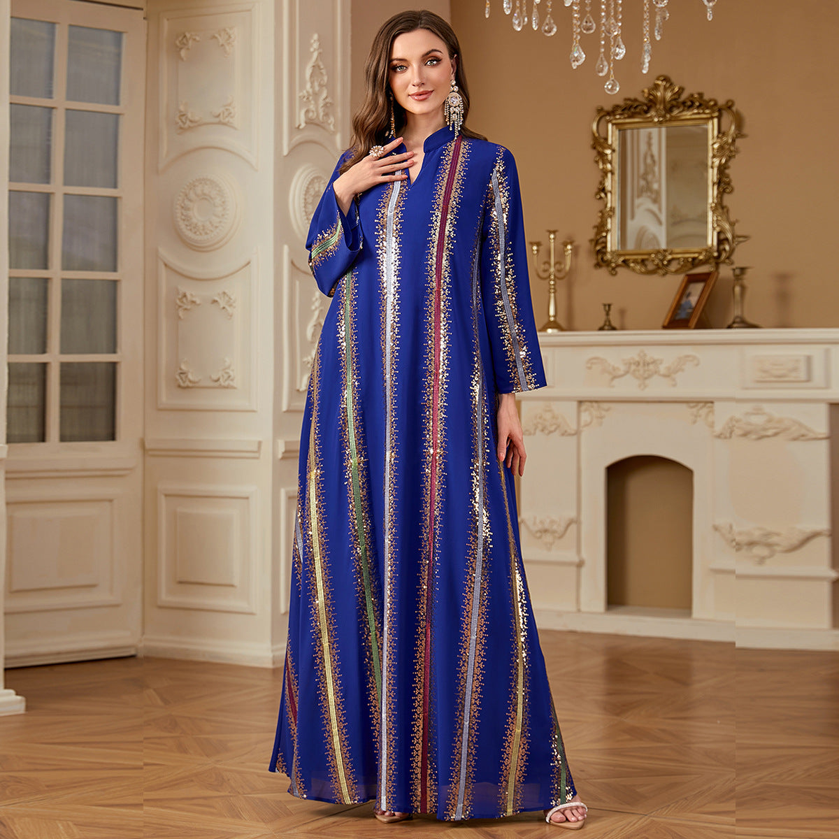 Elegant Royal Blue Chiffon Embroidered Maxi Dress - Luxury Long Sleeve Kaftan Evening Gown Secondary image