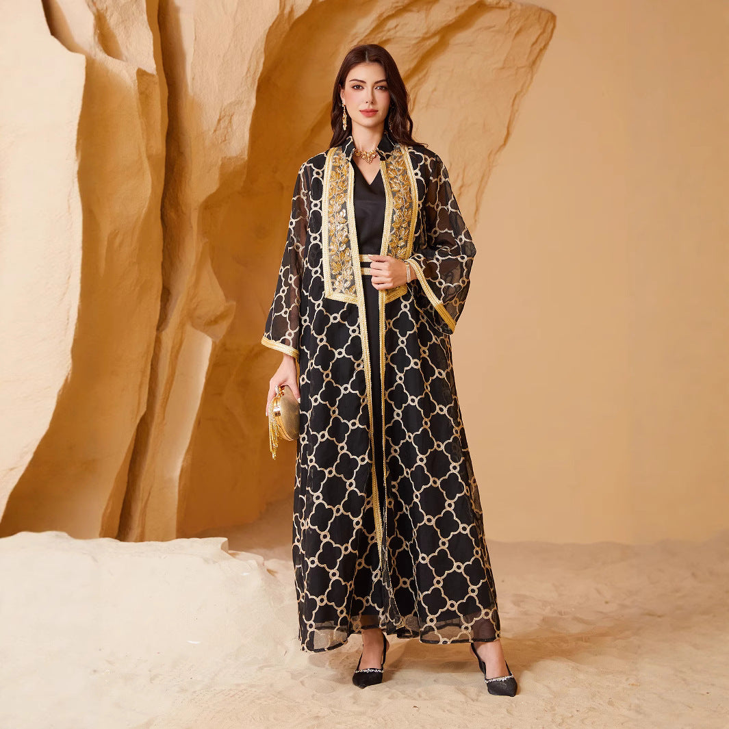 Luxury Mesh Embroidered Two-Piece Abaya Set with Gold Ribbon Trim Secondary image