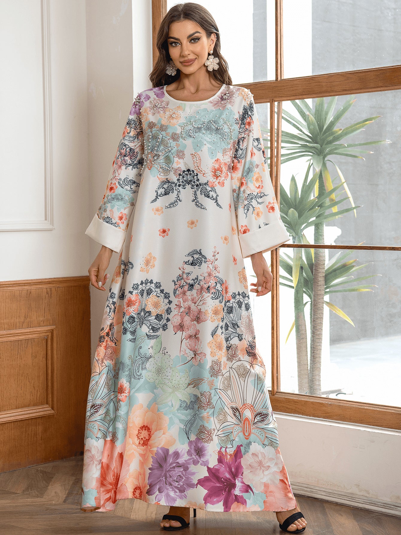 Elegant Floral Print Rhinestone Kaftan Maxi Dress - Luxury Muslim Abaya Secondary image