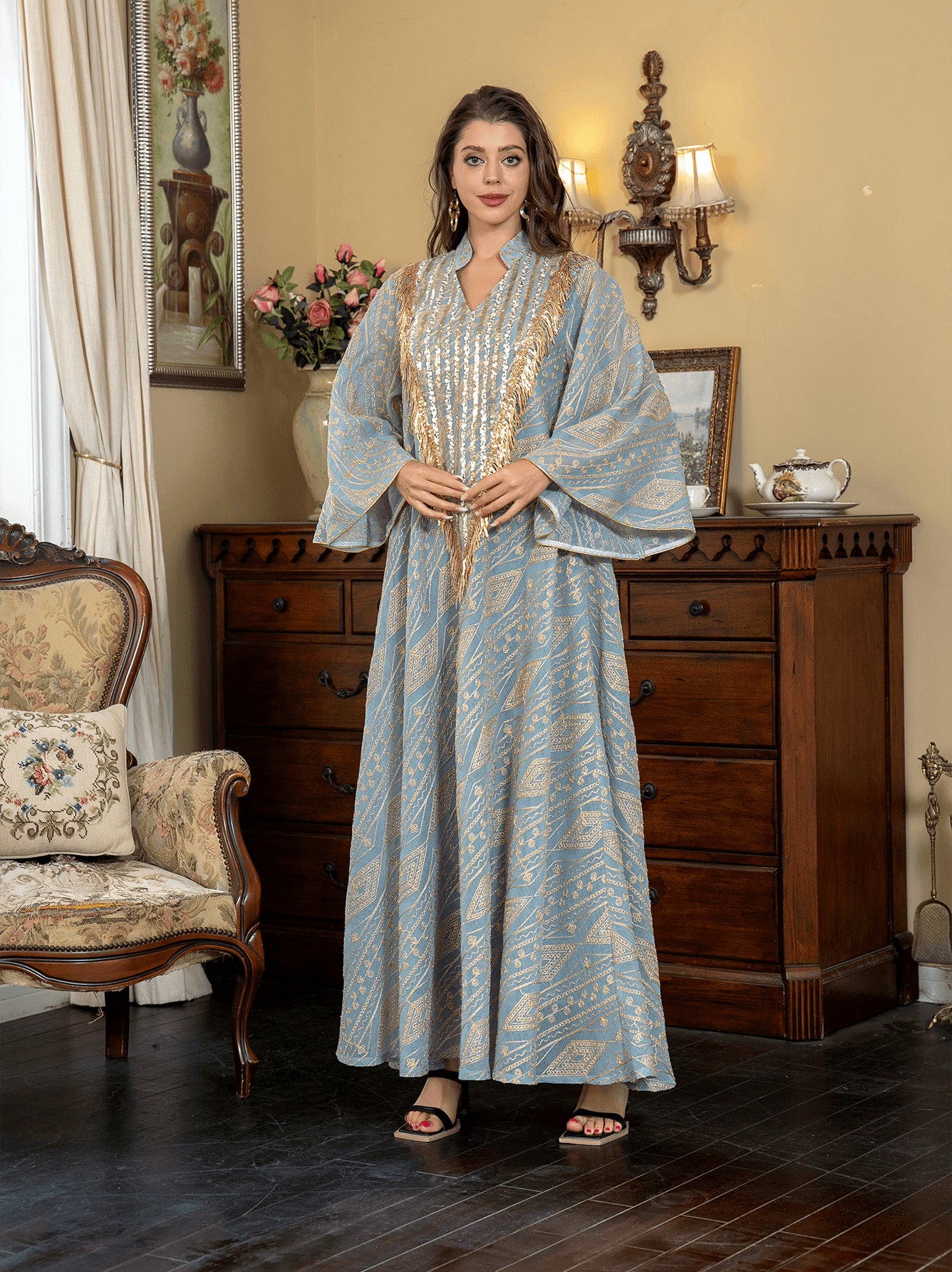 Elegant Mesh Embroidered Sequin Maxi Dress – Long Sleeve Patchwork Tassel Kaftan Abaya Secondary image