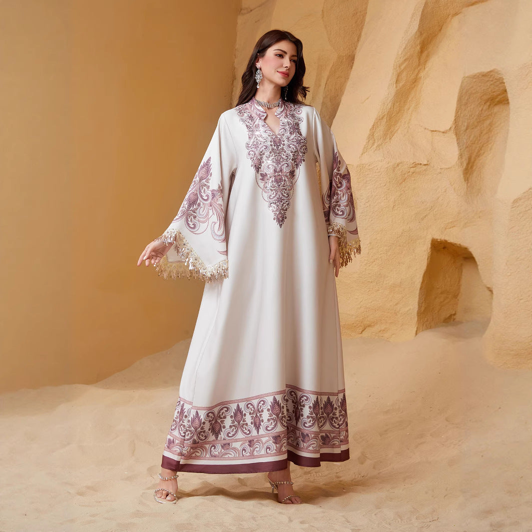 Luxury Floral Print Kaftan Maxi Dress – Elegant Rhinestone Batwing Sleeve Evening Gown Secondary image