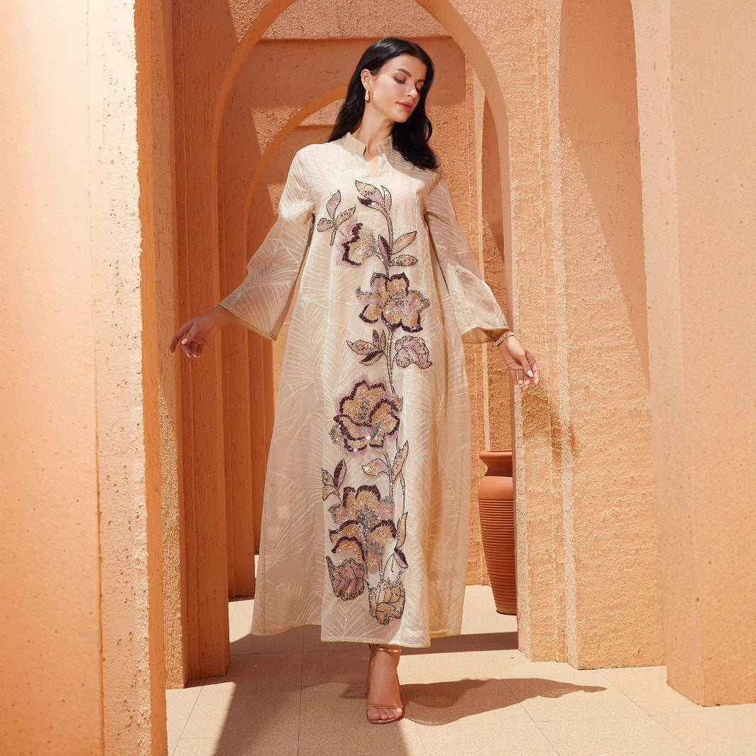 Elegant Mesh Embroidered Maxi Dress – Long Sleeve Applique Kaftan Abaya Secondary image
