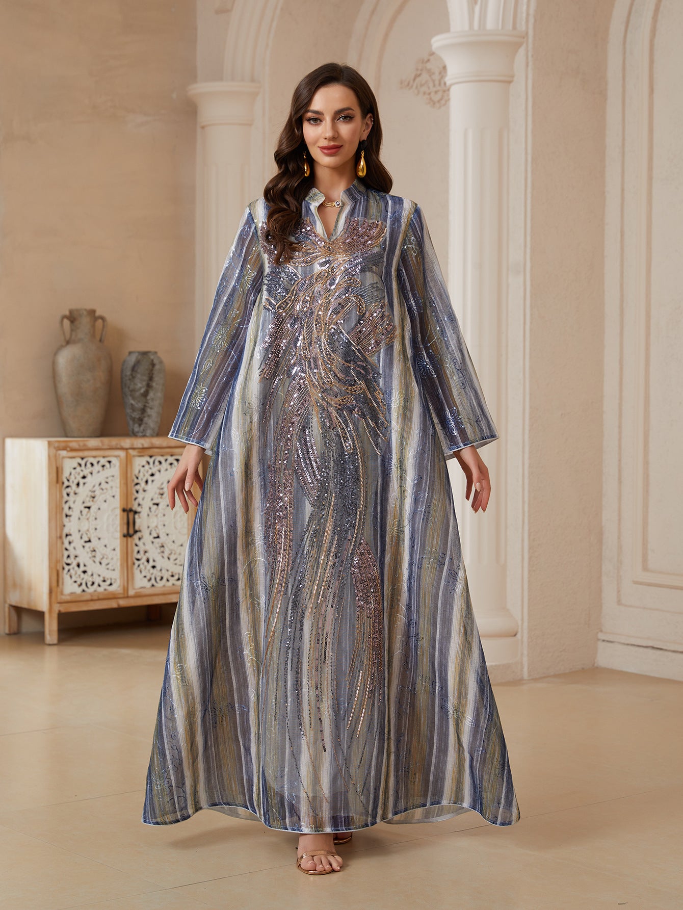 Elegant Mesh Embroidered Sequin Maxi Dress – Loose Fit Long Sleeve Abaya Secondary image