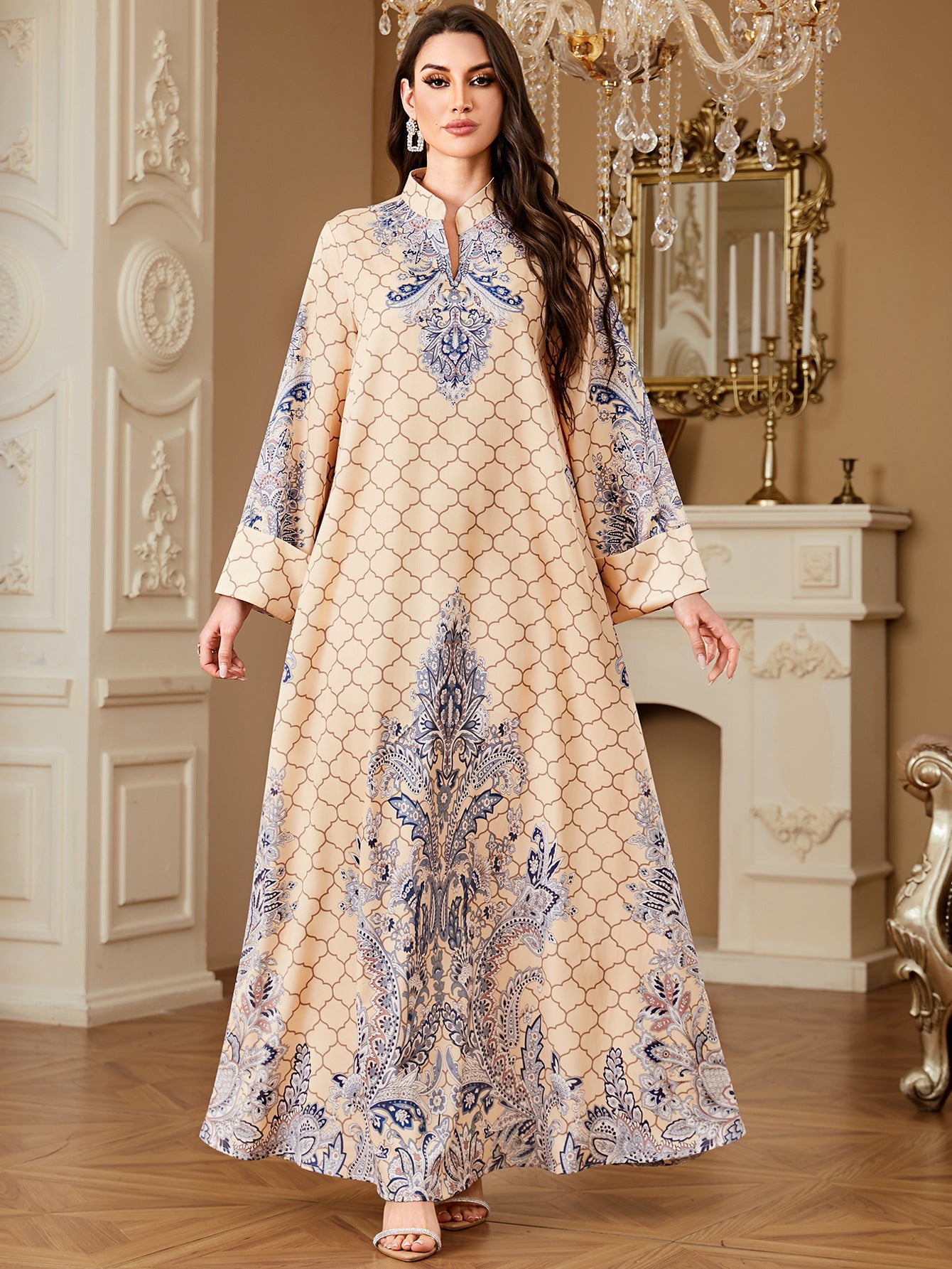 Elegant Floral Print Long Sleeve Maxi Dress - Fashion Kaftan Gown Secondary image