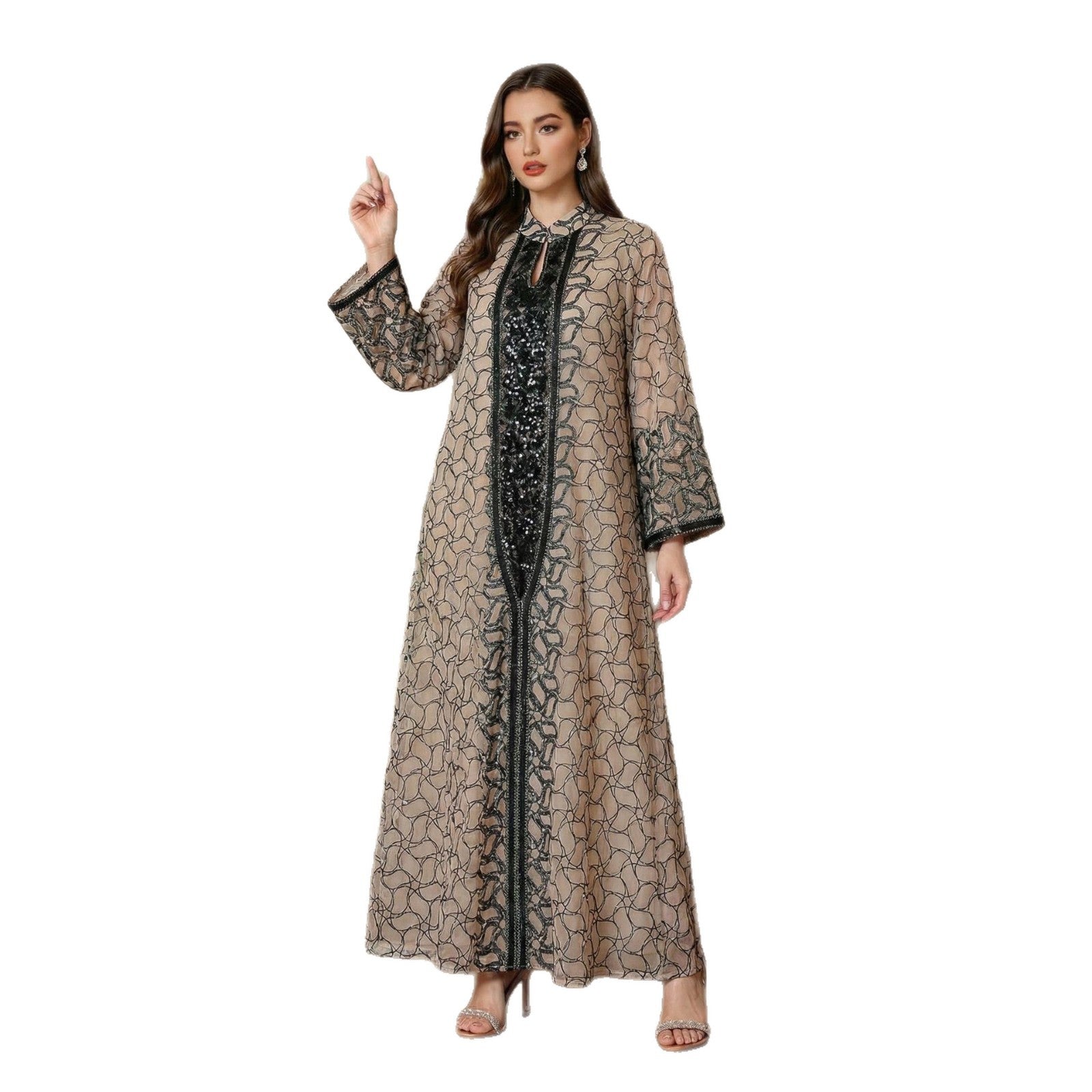Luxury All-Over Embroidered Mesh Maxi Dress – Elegant Long Sleeve Sequin Evening Gown Secondary image